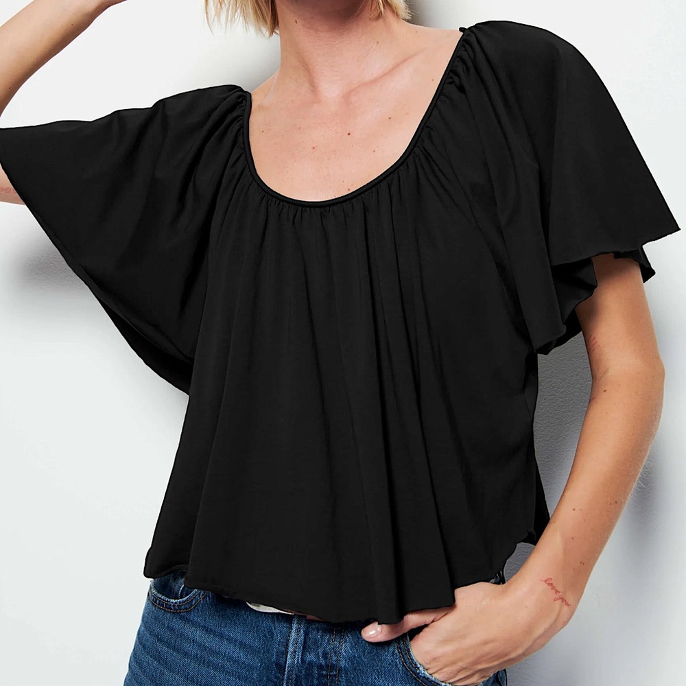🩷OFF THE SHOULDER BLACK BP FLUTTER SHORT SLEEVE FLOWY BLOUSE TOP SIZE XXS TREND